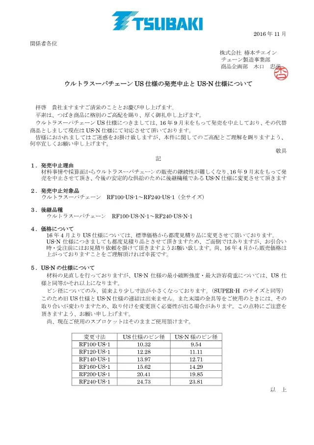 Catena a rulli Ultra Super RF240-US-N-1 a pagina 1 di "ウルトラスーパチェーン US 仕様の発売中止と US-N 仕様について" di Tsubakimoto Chain Co., Ltd.