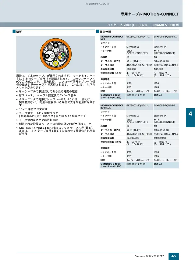 MOTION-CONNECT 800PLUS Ein-Kabel-Anschluss (OCC) Motoranschlusskabel auf Seite 53 von „SINAMICS S210 サーボドライブシステム カタログ D 32 2017/12“ (Siemens)