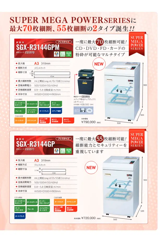 Trituratore Sigma SGX-R3144GP (tipo a pressa) a pagina 5 di "シグマシュレッダ 業務用 SGX-R シリーズ シュレッダ総合カタログ" di Sigma Giken Co., Ltd.