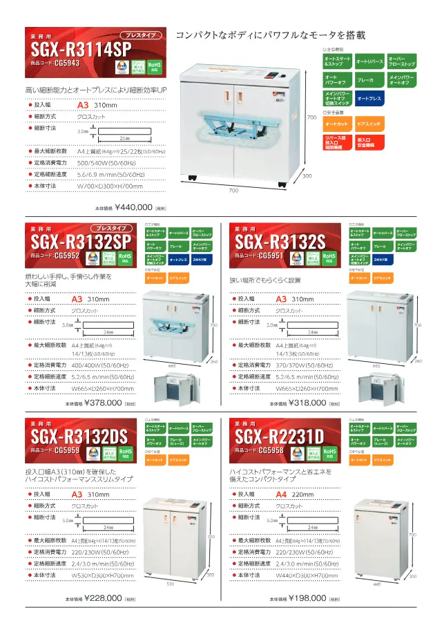 Sigma-Aktenvernichter SGX-R3114SP (Pressen-Typ) auf Seite 7 von „シグマシュレッダ 業務用 SGX-R シリーズ シュレッダ総合カタログ“ (Sigma Giken Co., Ltd.)