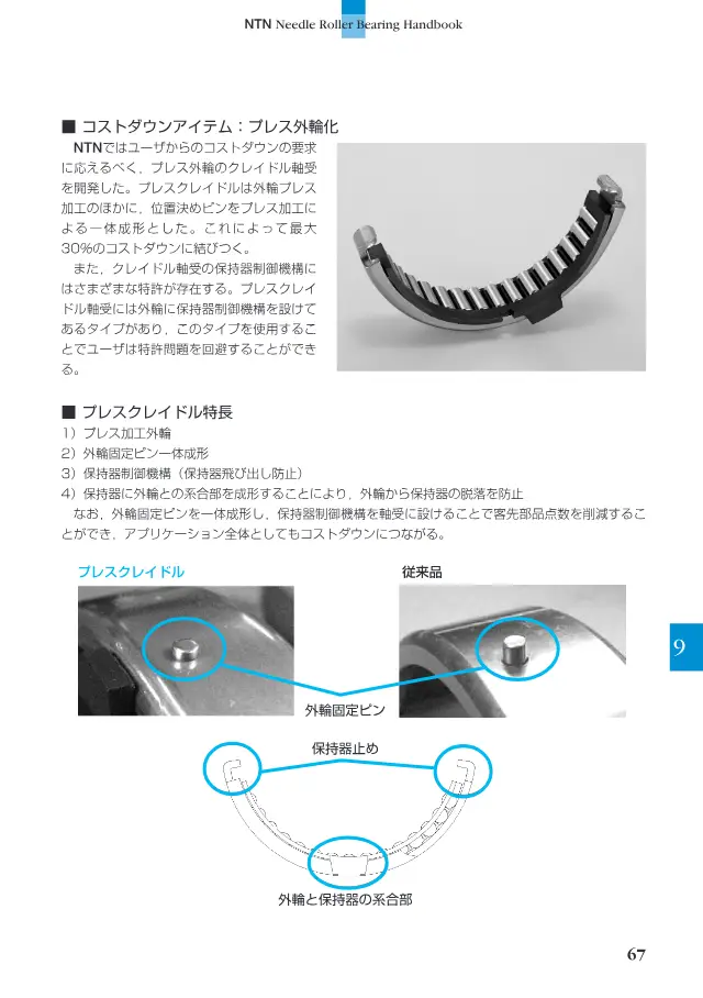 プレスクレイドル軸受が掲載されているNTN株式会社「ニードルローラベアリング ハンドブック」68ページ