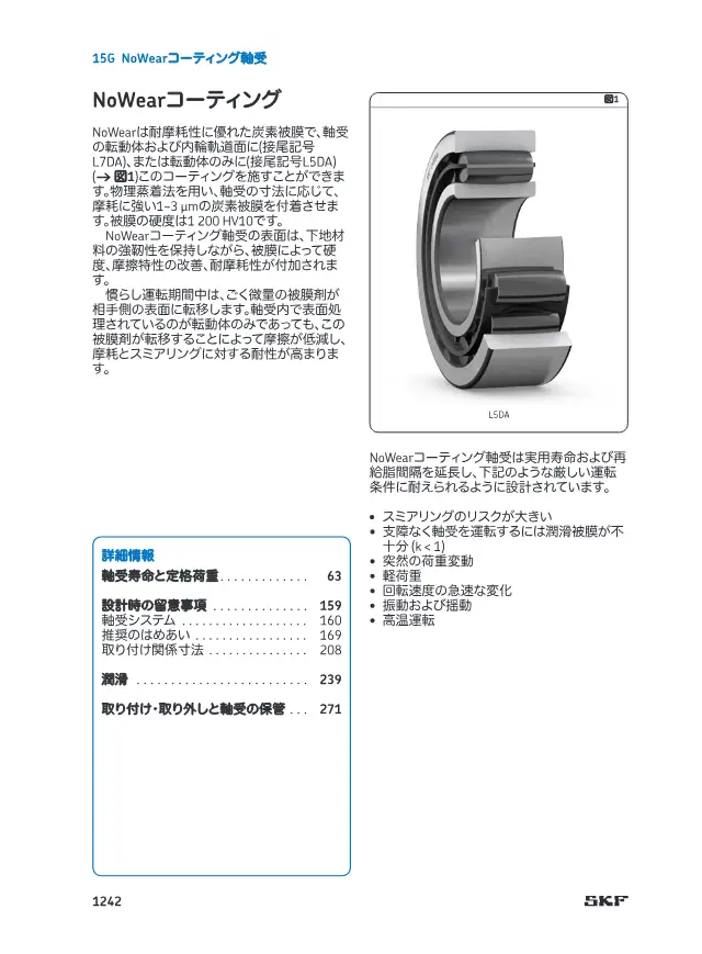 NoWear Coated Bearing on page 95 of SKF "SKF 転がり軸受カタログ 15 エンジニアリング製品 15A センサー軸受ユニット"