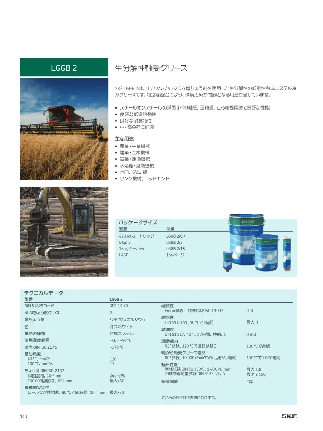 LGGB 2 Biodegradable Bearing Grease on page 142 of SKF "SKFメンテナンス製品と潤滑製品"