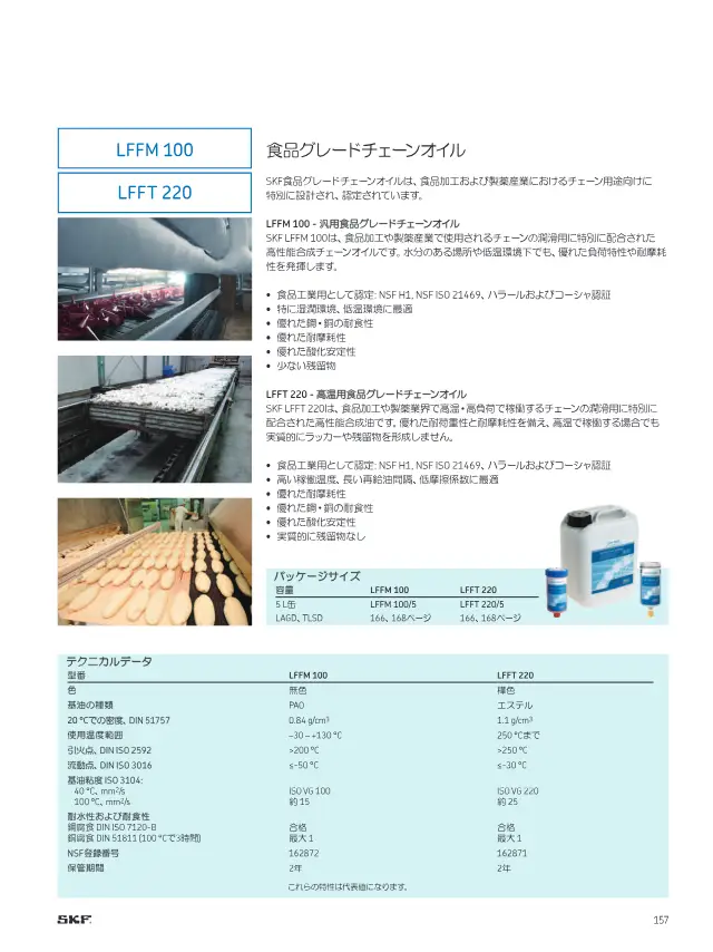 SKF《SKFメンテナンス製品と潤滑製品》第159页（刊载LFFM 100 食品级链条油(通用型)）