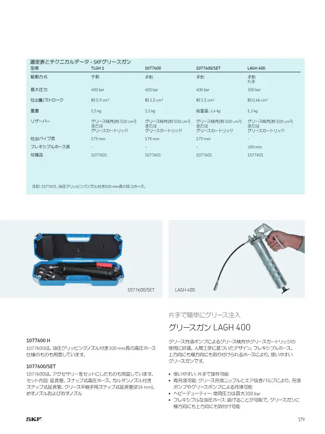 Grease Gun 1077600 on page 181 of SKF "SKFメンテナンス製品と潤滑製品"