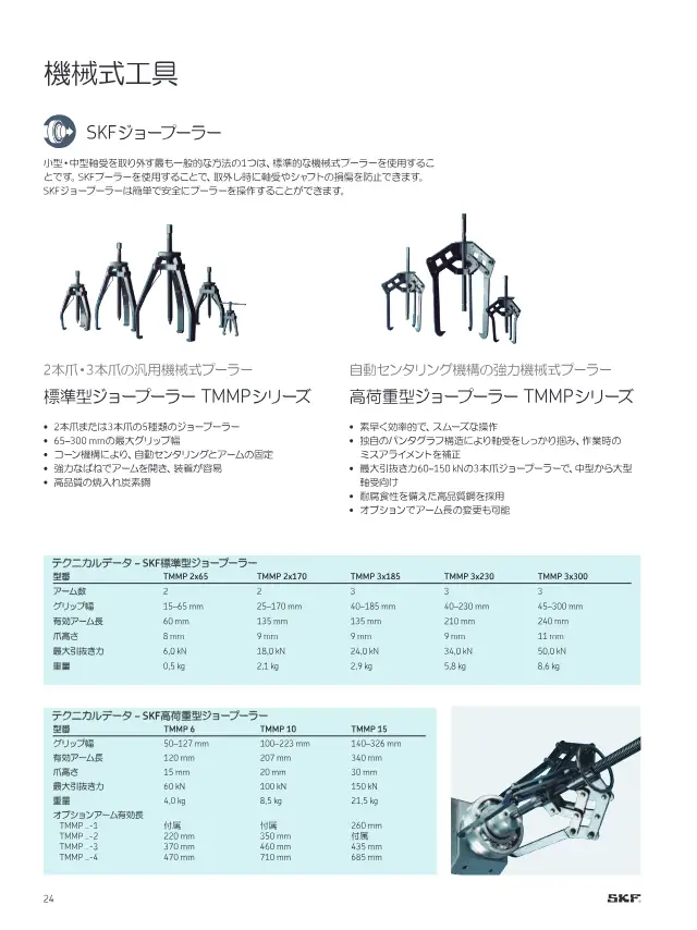 SKF High-Load Jaw Puller TMMP 6/10/15 on page 26 of SKF "SKFメンテナンス製品と潤滑製品"