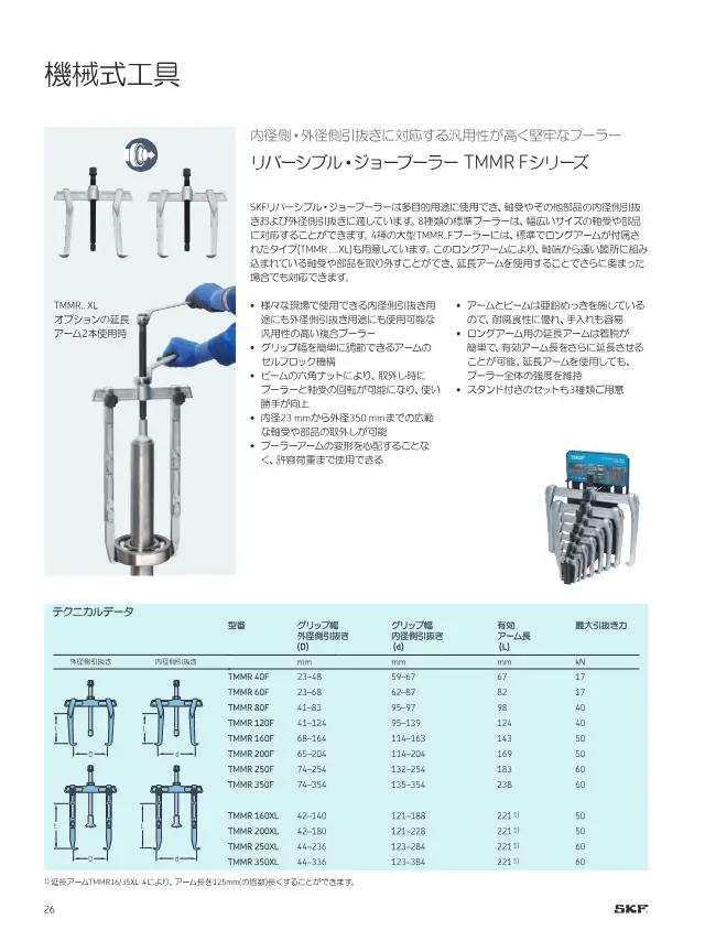 SKF Reversible Jaw Puller TMMR F Series on page 28 of SKF "SKFメンテナンス製品と潤滑製品"