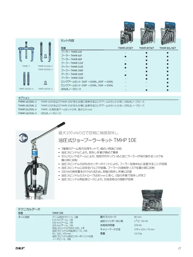 Hydraulic Jaw Puller Kit TMHP 10E on page 29 of SKF "SKFメンテナンス製品と潤滑製品"