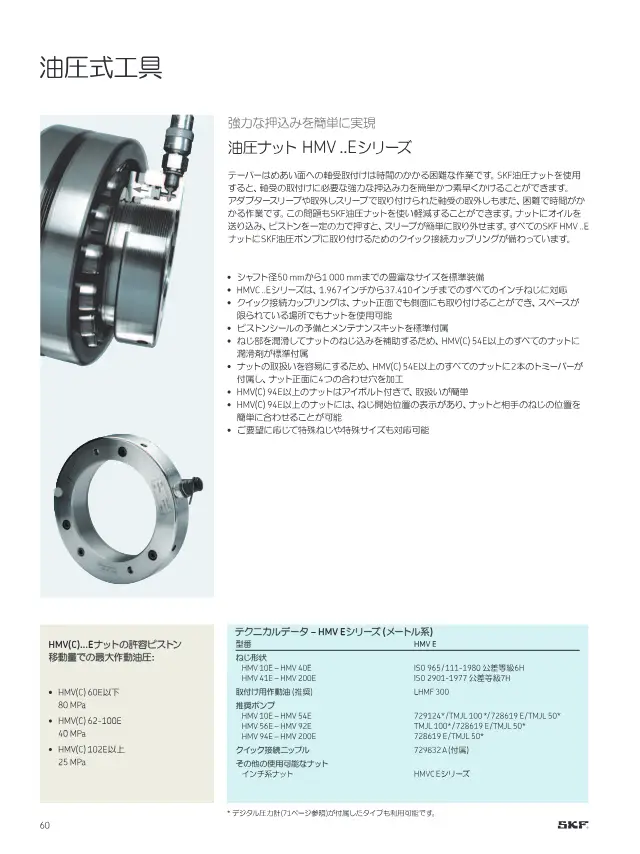 Hydraulic Nut HMV ..E Series (Metric) on page 62 of SKF "SKFメンテナンス製品と潤滑製品"