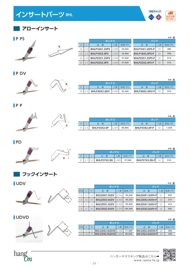 Insert Parts BHL Arrow Inserts (P PS・P DV・P P・PD) on page 32 of Iwata Seisakusho Co., Ltd. "塗装治具 ハンガー選定ガイドブック"