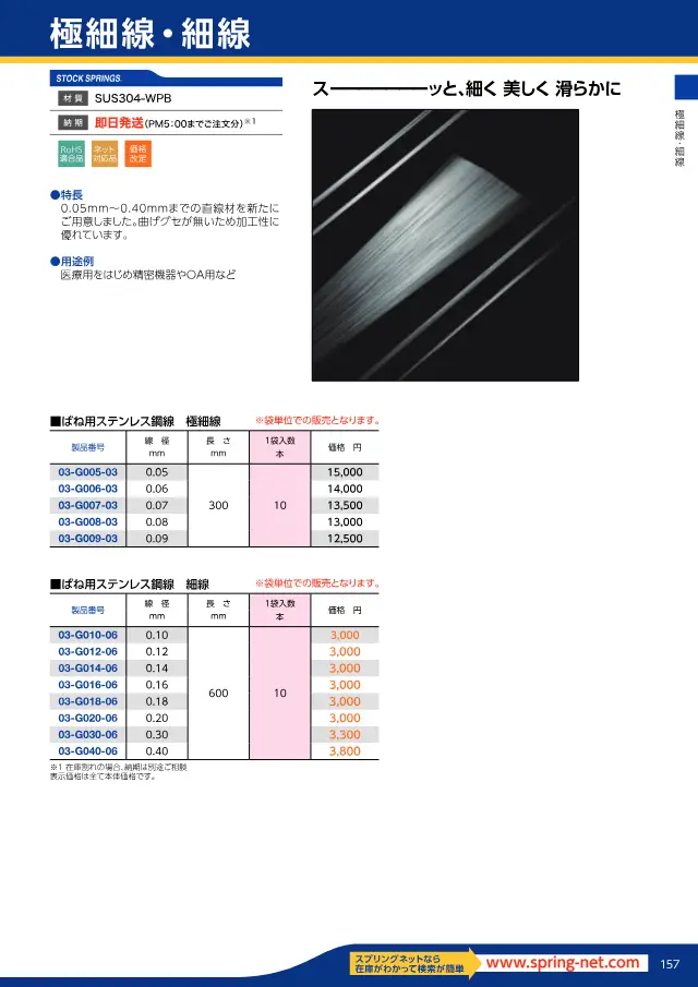 Fio de aço inoxidável para molas, tipo ultrafino e fino na página 161 de "スプリングネット 製品カタログ（ばね類）" de Springnet