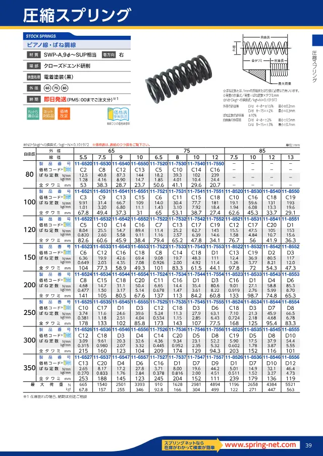 Mola de compressão em aço para piano e aço para mola, diâmetro externo 65 a 85 mm na página 43 de "スプリングネット 製品カタログ（ばね類）" de Springnet