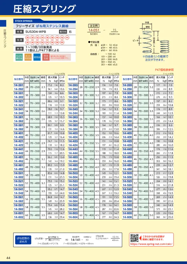 Molla a compressione (taglia libera, filo d'acciaio inossidabile per molle) a pagina 48 di "スプリングネット 製品カタログ（ばね類）" di Springnet