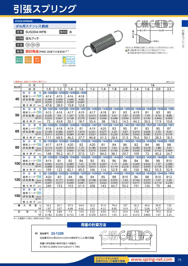 Mola de Tração (Fio de Aço Inoxidável para Molas) na página 79 de "スプリングネット 製品カタログ（ばね類）" de Springnet