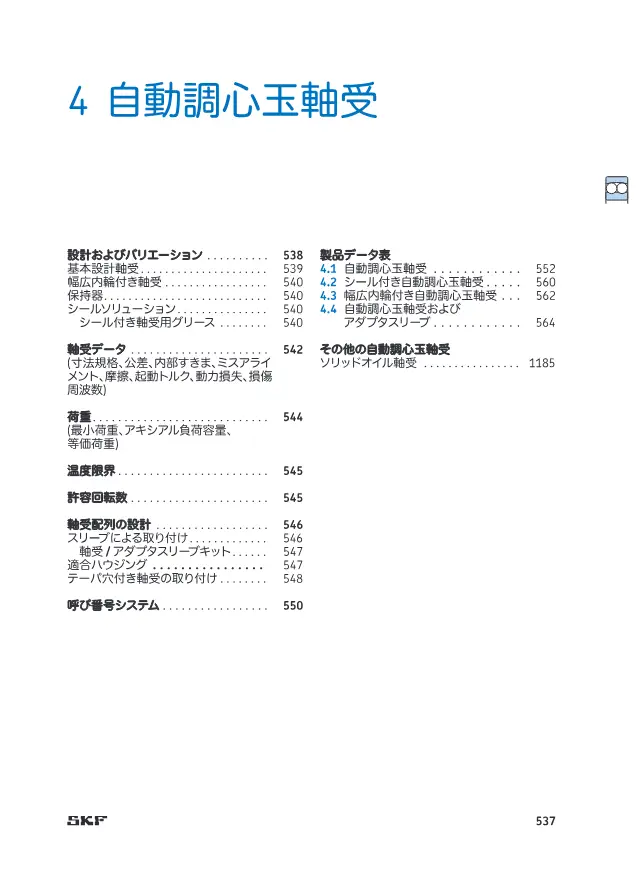 Self-Aligning Ball Bearing on page 2 of SKF "SKF 自動調心玉軸受 製品カタログ(設計およびバリエーション・軸受データ)"