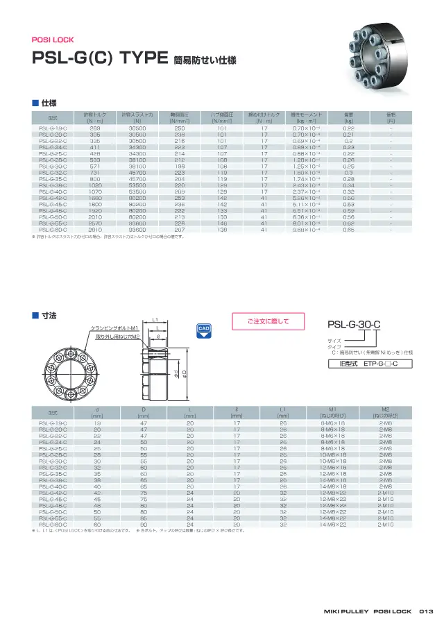 Posi-Lock PSL-G(C) Especificação de Proteção Anticorrosiva Simplificada na página 13 de "POSI LOCK PSL-G / PSL-D 設計上の確認事項・製品仕様" de Miki Pulley
