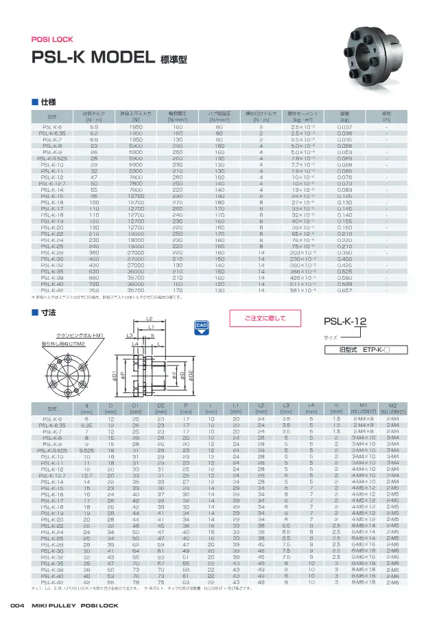 Positive Lock PSL-K Tipo standard a pagina 4 di "POSI LOCK PSL-G / PSL-D 設計上の確認事項・製品仕様" di Miki Pulley